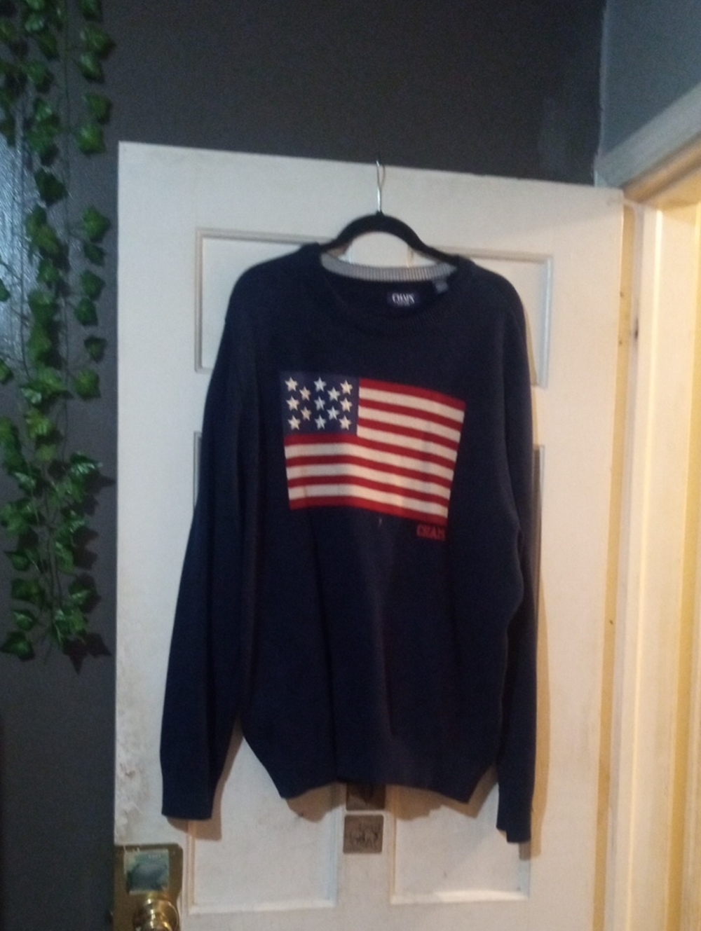 Chaps Navy Crewneck Sweater with American Flag Graphic